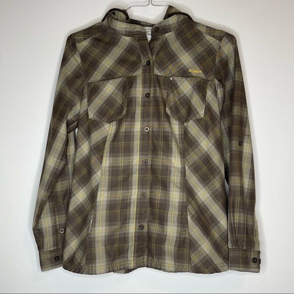 Columbia Women's Medium Brown/Cream/Gold Plaid Long Sleeve Hoodie Shirt - Picture 4 of 6
